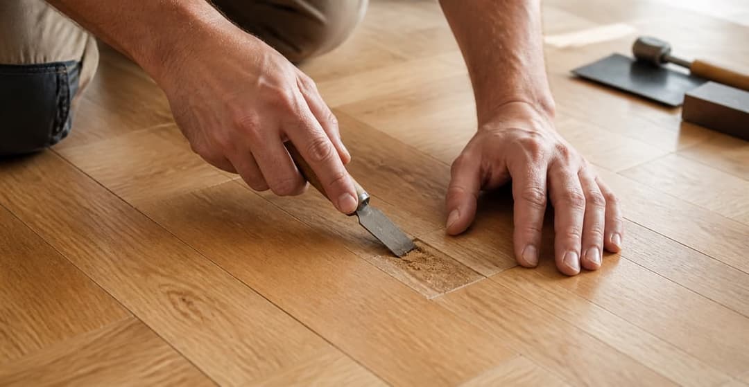 Lokale Parkettreparatur an einer Holzoberfläche als fachliches Fallbeispiel