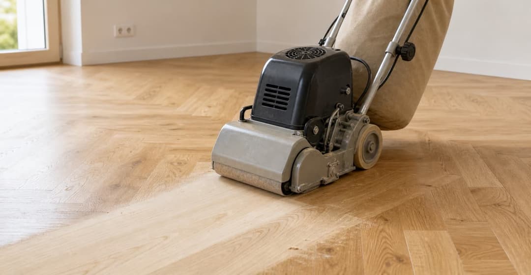 Parkettschleifmaschine auf Holzparkett als Beispiel für Renovation
