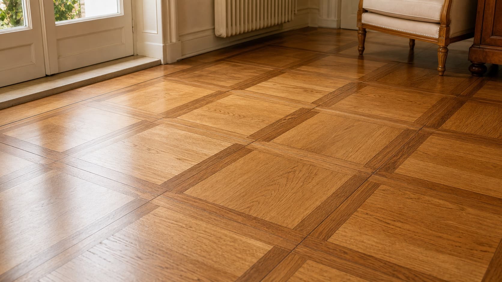 Dekoratives Tafelparkett mit geometrischem Holzmuster